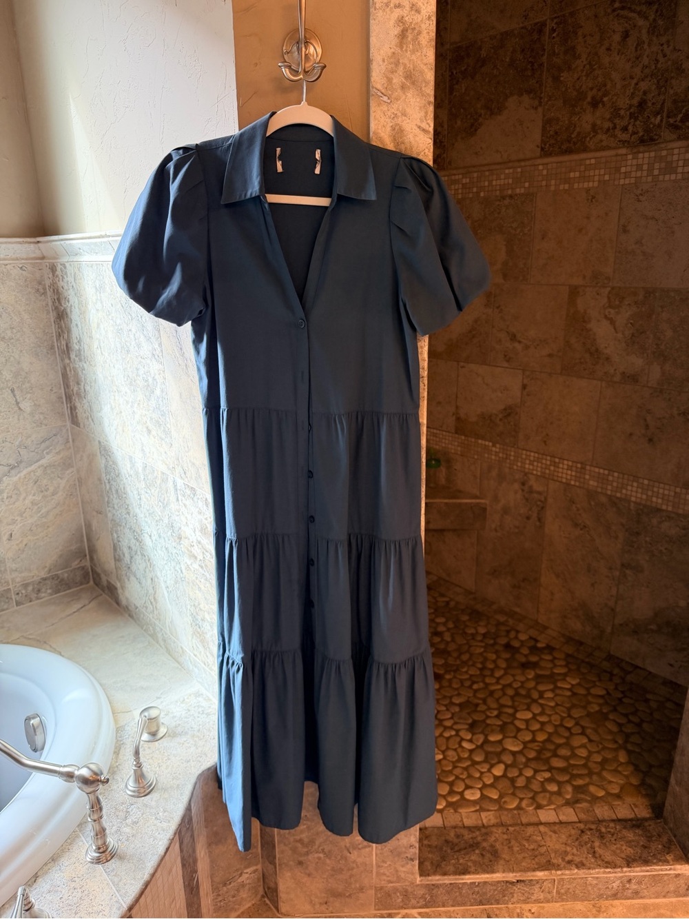 Blue/ Teal Tiered Button-Front Midi Dress with Puff Sleeves